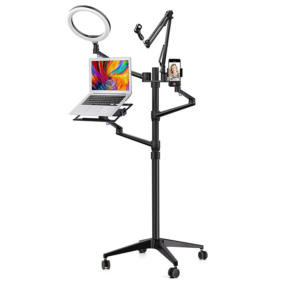 Wergon Nova Justerbar Alu 5 I 1 Holder Med Hjul M Led Ringlys Til Laptop Tablet Smartphone 4 17 Quot En Monitor Skærm Max 32 Quot Sølv