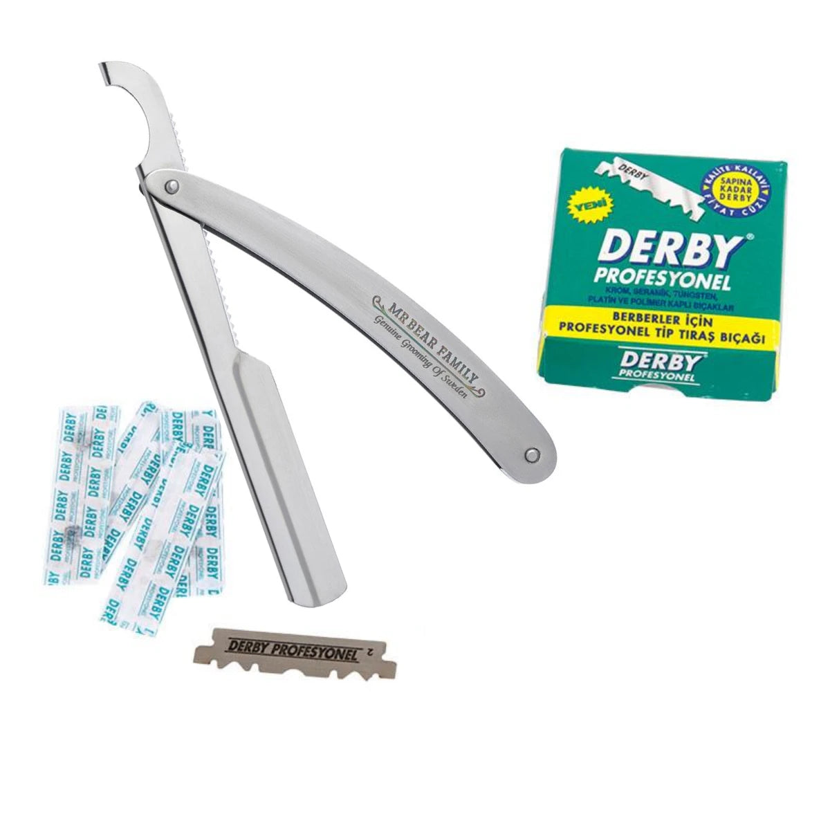 Mr Bear Sæt Med Straight Razor 100 Derby Klinger
