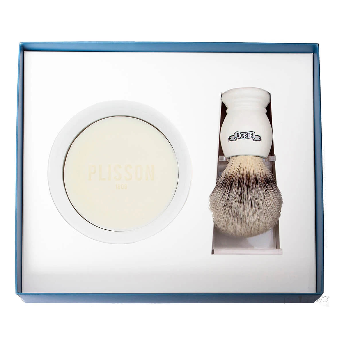 Plisson 1808 Startsæt Med High Mountain White Fibre Barberkost  Holder Og Porcelænsskål Med Barbersæbe  Hvid