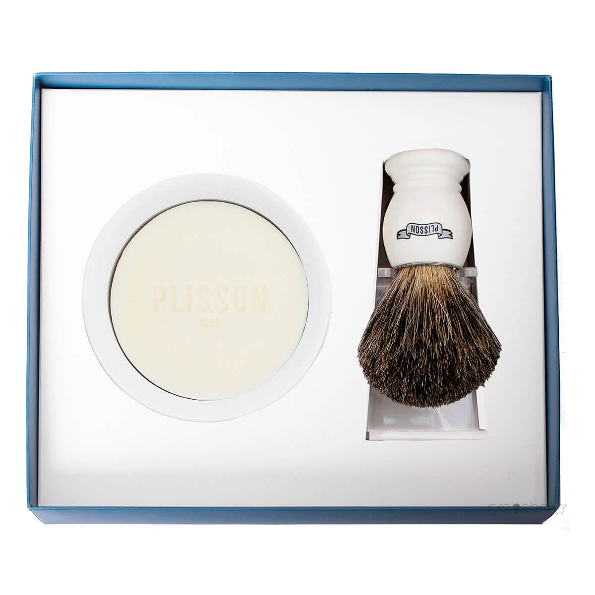 Plisson 1808 Startsæt Med Russian Grey Badger Barberkost  Holder Og Porcelænsskål Med Barbersæbe  Hvid