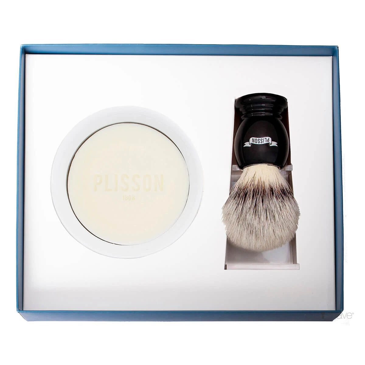 Plisson 1808 Startsæt Med High Mountain White Fibre Barberkost  Holder Og Porcelænsskål Med Barbersæbe  Sort
