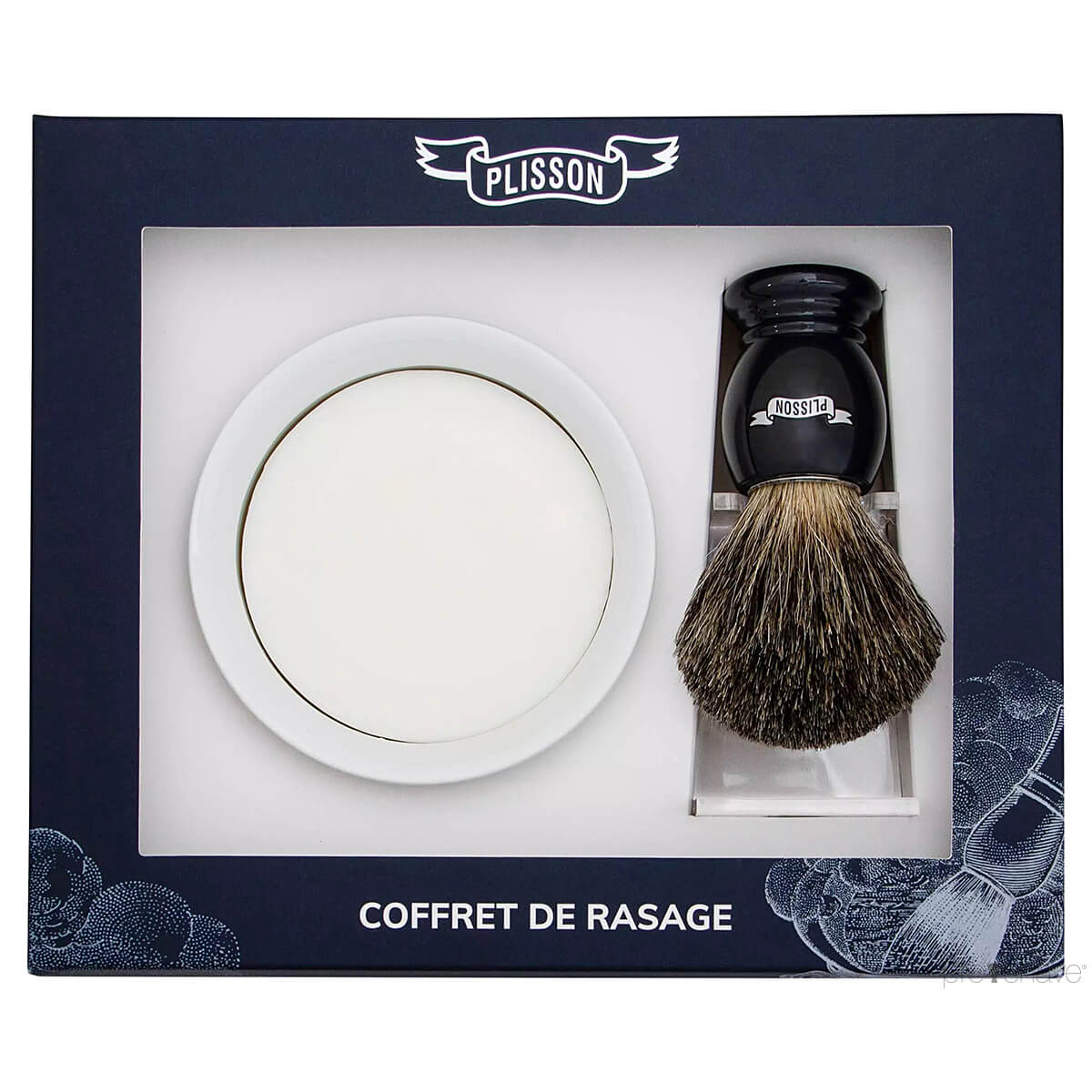 Plisson 1808 Startsæt Med Russian Grey Badger Barberkost  Holder Og Porcelænsskål Med Barbersæbe  Sort