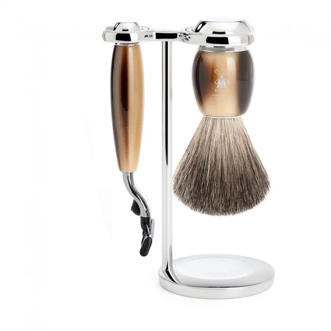 M? Hle Shaving Barbersæt Med Mach3 Skraber Barberkost Og Holder Vivo Brunt Horn