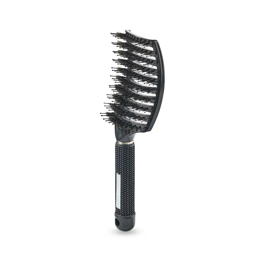 Curved Paddle Brush   Hårbørste Med Vildsvinehår   Sort