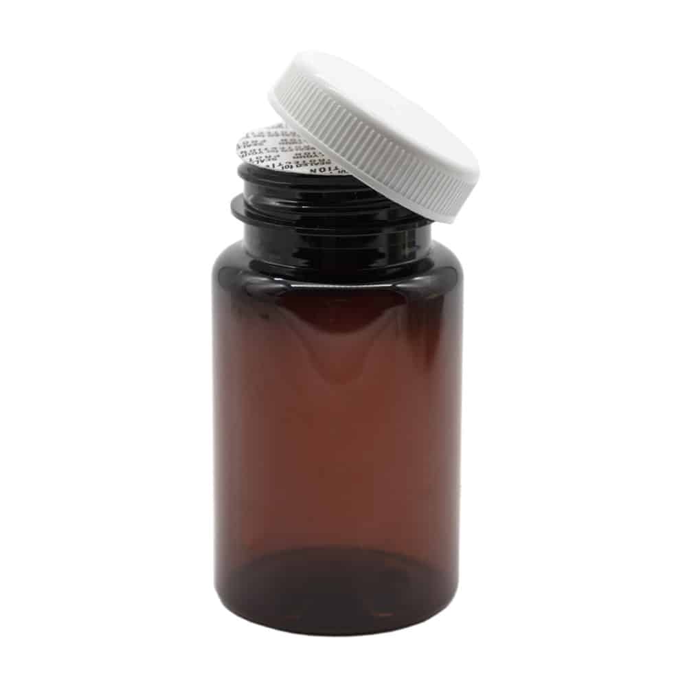 Pilleglas 100 Ml Brun Plast Med Hvidt Låg Forseglingsindsats Letvægt 47 Mm Diameter 88 Mm Højde Hedenhus