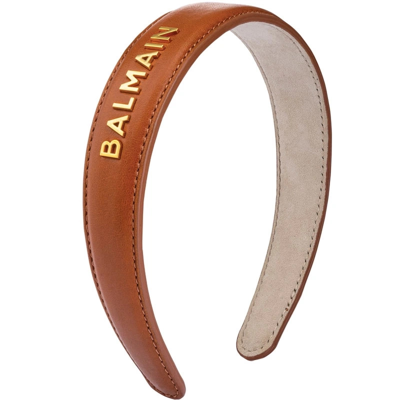 Balmain Paris Leather Headband With Gold Logo 18k Cognac